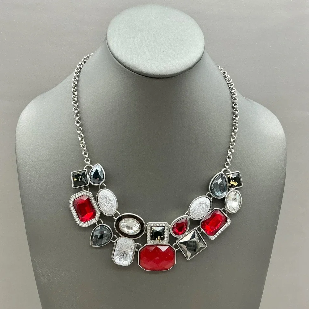 Chico's Necklace Red Black Rhinestone Silver Tone Geometric Bib Statement Chunky